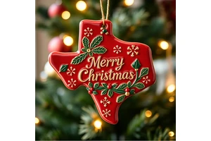 Christmas Holiday Tree Decor Christmas Red Holly & Snowflake Design Texas State Merry Christmas Ornament