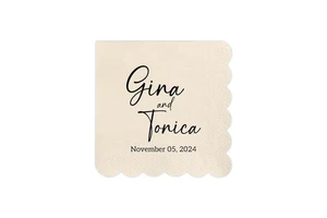 Personalized Scalloped Paper Napkins Custom Name Date Cocktail Napkins For Wedding Party Anniversary Sage Event Decor