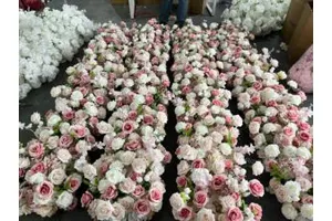 Romantic Pink White Silk Rose Flower Runner Artificial Floral Row Wedding Aisle Table Flower Decor for Event Banquet