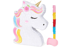 Unicorn Head Pinata Set with Blindfold and Stick Rainbow 3D Decor Surprise Gift for Kids Birthday Party Game Supplies