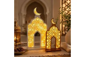 LED Ramadan Mosque Lantern MDF Crescent Moon Table Decor Warm Light for Eid Mubarak Decorations