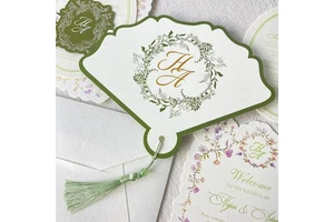 Custom Personalized French Garden Floral Paper Hand Fan Monogram Decor With Tassel For Wedding Guest Souvenir