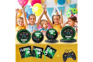 Green Cartoon Game Pad Disposable Paper Tableware Set for Boys Birthday Party Thanksgiving Decorations 96PCS