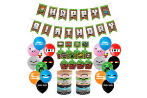 Pixel Style Gamer Party Supplies, Miner Theme Birthday Party Favors and Decors Set