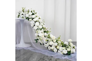 Modern Custom New Wedding Decor White Silk Artificial Rose Flowers Table Runner Table Centerpiece and Aisle Floral Runner