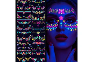 Waterproof Temporary Tattoo Sticker Masquerade Neon Fluorescent Face Sticker Music Festival Glowing Fake Tattoo Makeup Glitter