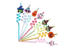 8 Pieces Colorful Reusable Cartoon Drinking Straw Party Decorations Pumpkin Bat Halloween Curved Straws