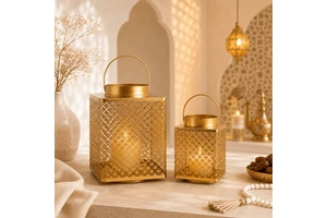 Wholesale Luxury Gold Metal Ramadan Candle Lantern Set Moroccan Hollow Geometric Eid Home Wedding Decor