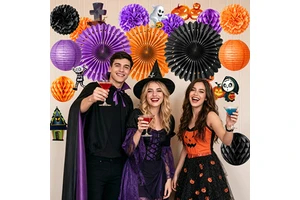 Halloween Paper Party Decor Kit Ghost Skeleton Pumpkin Tombstone Cutouts Orange Purple Wall Hanging Backdrop Supplies