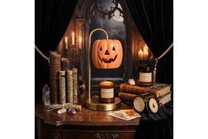 Pumpkin Candle Warmer Lamp With Gothic Hollow Pumpkin Ceramic Cover, Weighted Metal Base Halloween Candle Melter Lamp