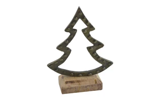 Vintage Tree-Shaped Christmas Ornament with Wooden Base Indoor Decorative Plated Finish for Home and Festive Decor