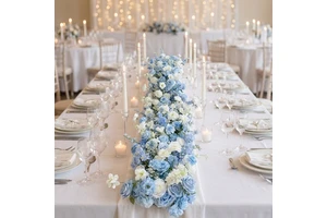 Blue White Rose & Hydrangea Silk Flower Arrangement Realistic Valentine's Day & Wedding Table Centerpiece for Long Dining Tables