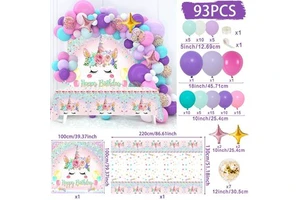 93Pcs Unicorn Themed Birthday Decorations, Rainbow Balloons Tableware Backdrop Party Favors for Baby Shower Girls Party