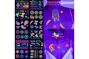 12Pcs Fluorescent Face Stickers Flower Waterproof Glowing Temporary Tattoo Sticker for Party/Music Festival Face Decals