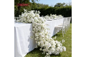 Dalian Chermy OEM Wedding Table Centerpiece Floral White Red Rose Flowers Runner Silk Artificial Flower Table Row Aisle Flower