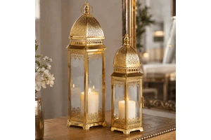 Custom Gold Metal Glass Ramadan Lantern Set Moroccan Candle Holder For Eid Home Decor Wholesale