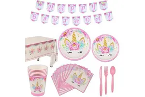 Party Favor Stock Supplies Girls Pink Party Birthday Paper Disposable Tableware Set