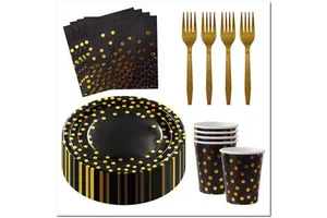 Factory Price Party Favor Set Black and Gold Foil Disposable Birthday Decorations Tableware Supplies for Wedding Birthday
