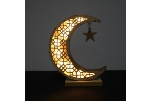 New Arrival Islamic Decor LED Light Lamp Ornament Large Wooden Crescent Moon Eid Gift Battery Powered Indoor Ramadan Supplies