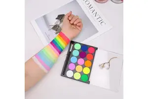Non-Toxic 15 Shades Fluorescent UV Glow Face Paint Palette Water Washable Neon Pigment with Built-In Detail Brush