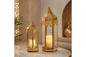 Wholesale Customized Gold Moroccan Metal Glass Ramadan Fanoos Lantern Set For Eid Wedding Decor