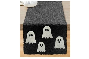 Custom Black White Crewel Embroidery Applique Light Luxury Ghost Halloween Bed Runner
