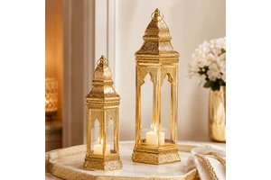 Wholesale Custom Gold Moroccan Ramadan Fanoos Lantern Set Metal Glass Candle Holder For Eid Wedding Decor