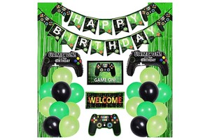 LEMON Video Game Supplies Gaming Party Decoration Boys Happy Birthday Banner Green Black Balloons Garland Arch Kit Controller