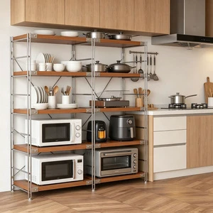 Flexible MOQ Metal Wood Tone Kitchen Storage Rack Floor Standing Microwave Oven Shelf Organizer