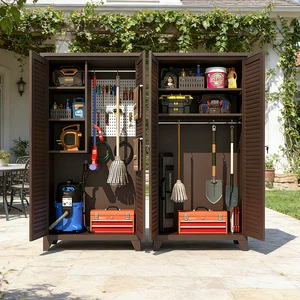 Brown Powder Coated Steel Outdoor Shed Chalet Roof Louvered Door Garden Tool Storage Cabinet Adjustable Rack Bulk Supplier