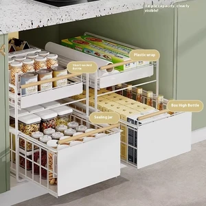 Hot-selling Kitchen Double Tier Sliding Drawers Cabinet Storage Baskets Metal Spice Shelves Pull-out Sink Storage Racks Modern