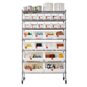 7-Tier Rolling Bin Storage Rack 24 Organizer Bins Steel Wire Shelving System Mobile Tool Organizing Wheels for Garage Shelves