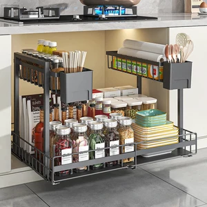 Adjustable Pull Out Under Sink Organizer Carbon Steel Double Layer Sliding Storage Rack Expandable Kitchen Cabinet Shelf