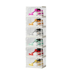 Transparent Foldable Stackable Sneaker Shoe Storage Box Magnetic Flip Design Shoe Organizer Box Free-Installation Shoe Cabinet