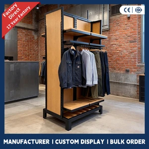 OEM ODM Factory Custom LOGO Garment Shop Double Side Metal Clothing Display Stand Clothes Display Racks Shelf With Wood Shelves