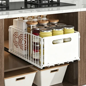 No Drill Metal Basket Pull Out Cabinet Organizer Foldable Under Sink Storage Rack with Sliding Drawer