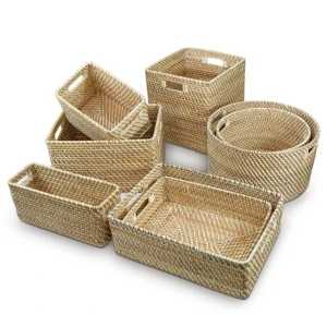 Woven Natural Wicker Rattan Storage Basket Handwoven in Vietnam, Custom Decorative Organizer for Stylish Home and Shelf Display