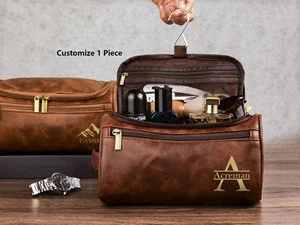 Luxury Premium Personalized Custom logo Gift Waterproof Hanging Makeup Men Leather Travel Toilet Bag for Women Men with logo
