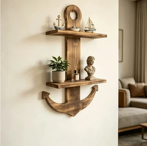 Solid Wood Double-tier Nautical-style Wall Shelf Handcrafted Anchor-shaped Floating Shelf Wall-mounted Storage Rack Eco-Friendly