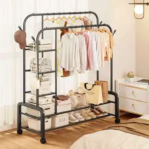 Cedar space Multifunctional Movable Metal Coat Rack Double-Rod Garment Rack Storage Shelves Rust-Proof for Bedroom Living Room Shoe Storage