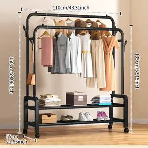 Customize Movable Double-Rod Coat Rack with Double-layer Storage Shelves Multifunction Garment Rack Cloth Rack for Bedroom