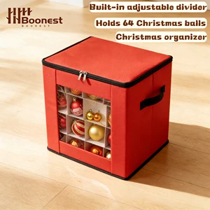 Christmas Ornament Storage Box with 64 Compartments, Red Bauble Organizer with Clear Window and Reinforced Handles