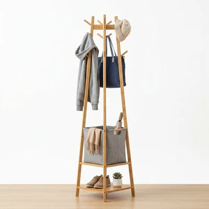 Space Saving Bamboo Coat Rack Fabric Basket Entryway Clothes Organizer Freestanding Garment Hanger for Bedroom