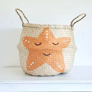 Good Quality Foldable Woven Seagrass Belly Basket Fair Price Straw Storage Bin Handmade Cute Joint Color Baskets with Handles
