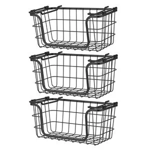 Set of 3 Black Stackable Metal Wire Baskets for Kitchen Bathroom or Pantry Countertop Storage