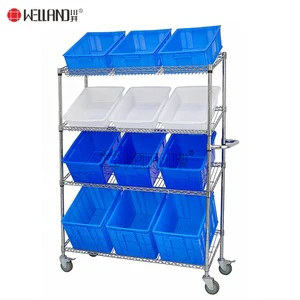 Utility Commercial Garage Slanted Order Picking Shelving Cart Trolley, NSF Factory Warehouse Wire Shelf Bin Organizers