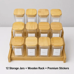 For Round Jar Ladder Rack Set 12-Piece Chinese Style Kitchen Storage Organizer Glass Storage Jars With Three-Layer Ladder
