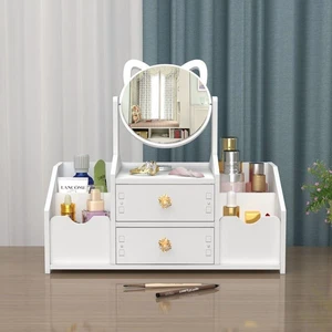 Luxury White Round Mirror Nordic Cosmetic Storage Box Makeup Organizer With Cat Ears
