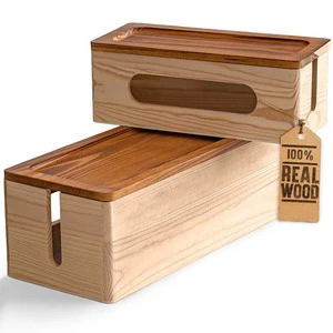 Set of Two Natural Wood Cable Management Box Large and Medium Cord Organizer to Hide Wires and Power Strips for TV Computer