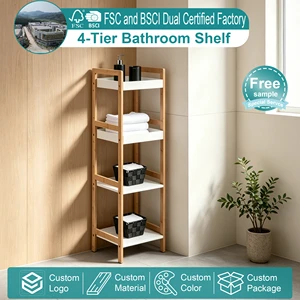 4 Tier Bamboo Bathroom Shelf With White Trays Freestanding Bathroom Storage Shelf Organizer Natural Wood Bathroom Shelving Unit